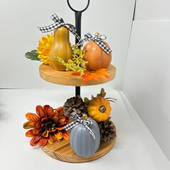 Fall Mini Ceramic Pumpkins Gourd Set of 3 Hand-Tied Plaid Bows Farmhouse Decor - Picture 9 of 9